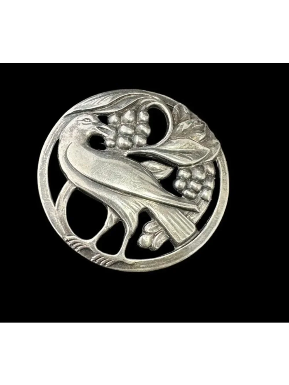 Mid Century Sterling Silver Bird Eating Berries Brooch Round Floral Vintage Pin